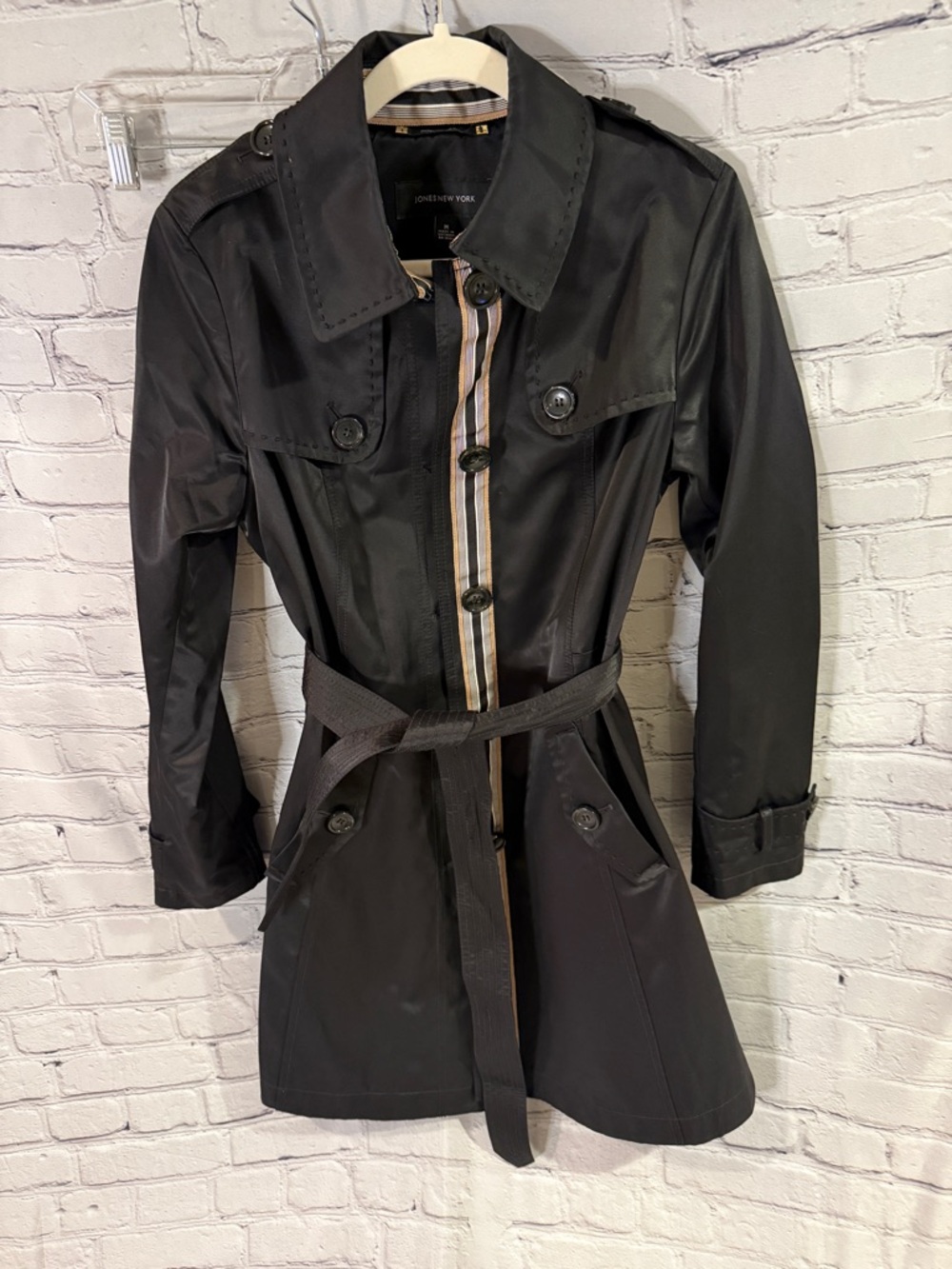Jones New York Black Trench Coat Ribbon Detail with Belt - Picture 2 of 4